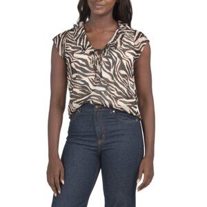 HAVER + BLAIR Ivory/taupe Zebra Print Ruffle Blouse